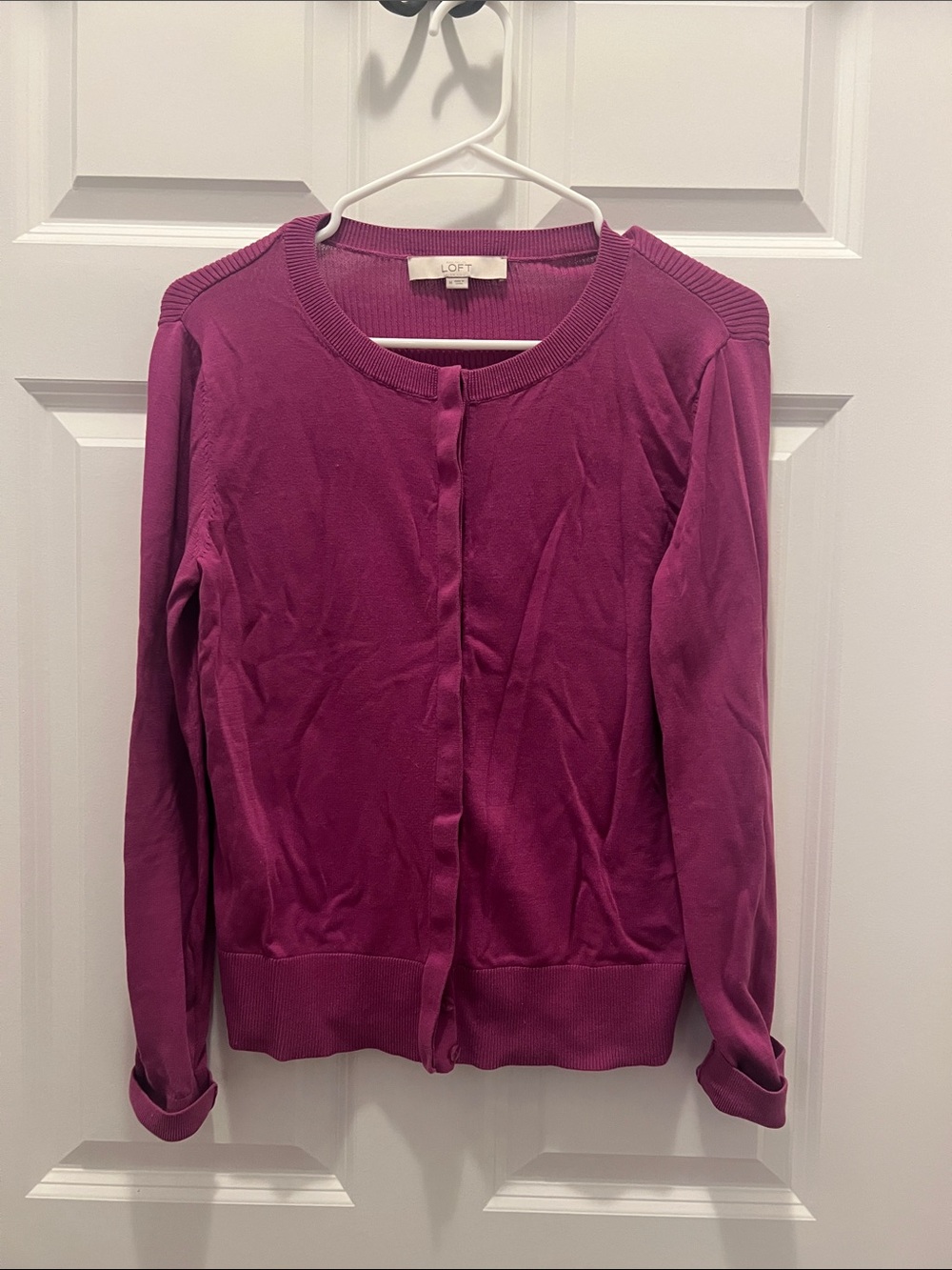 LOFT Fuchsia Button-Front Crewneck Cardigan